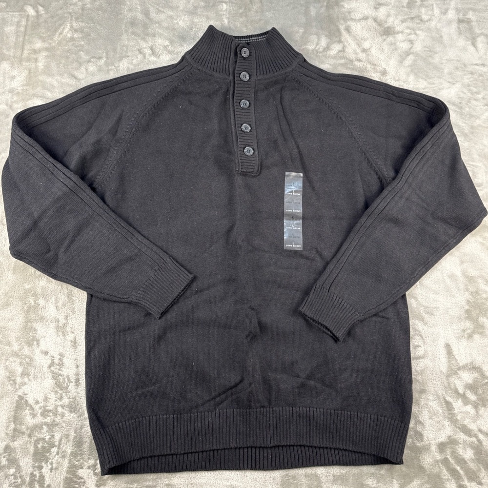 Claiborne Mens Quarter Button Mock Neck Sweater Black Cotton Blend Large NWT